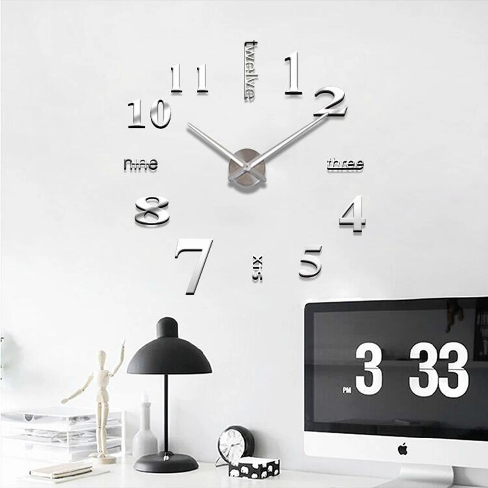 3D DIY Wall Clock Sticker Decor Mirror Frameless Large Quartz Wall Clock Kits for Home Living Room Office Bedroom Decoration
