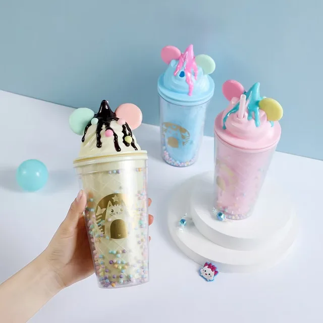 Summer Ice Cream Cup Large Double Layer Water Bottle with Lid and Straw  Korean Multifunctional Beautiful Ice Cup Coffee Cup