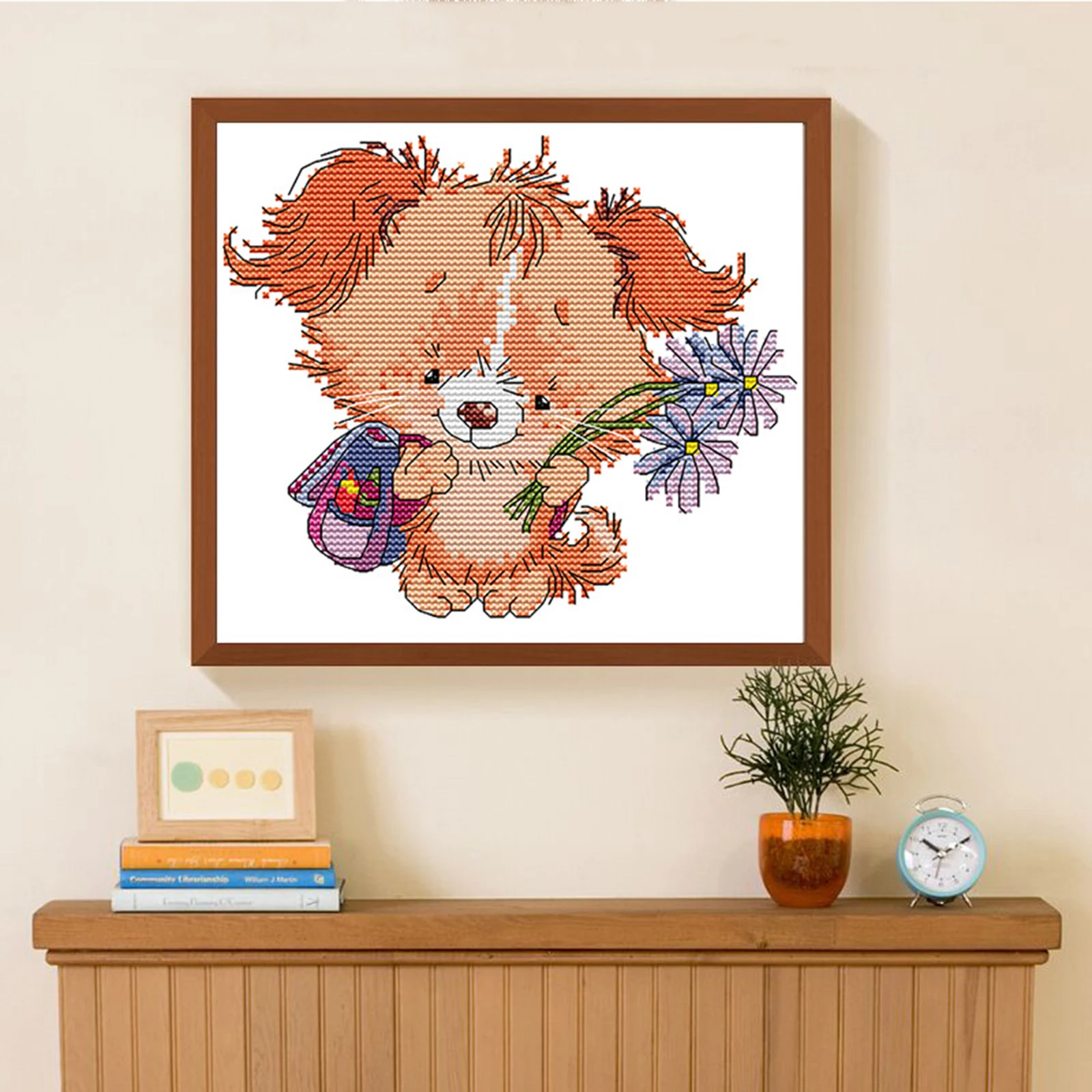 1Set Cross Stitch Kit Pre-Printed Dog with Flower DIY Embroidery Needlepoint