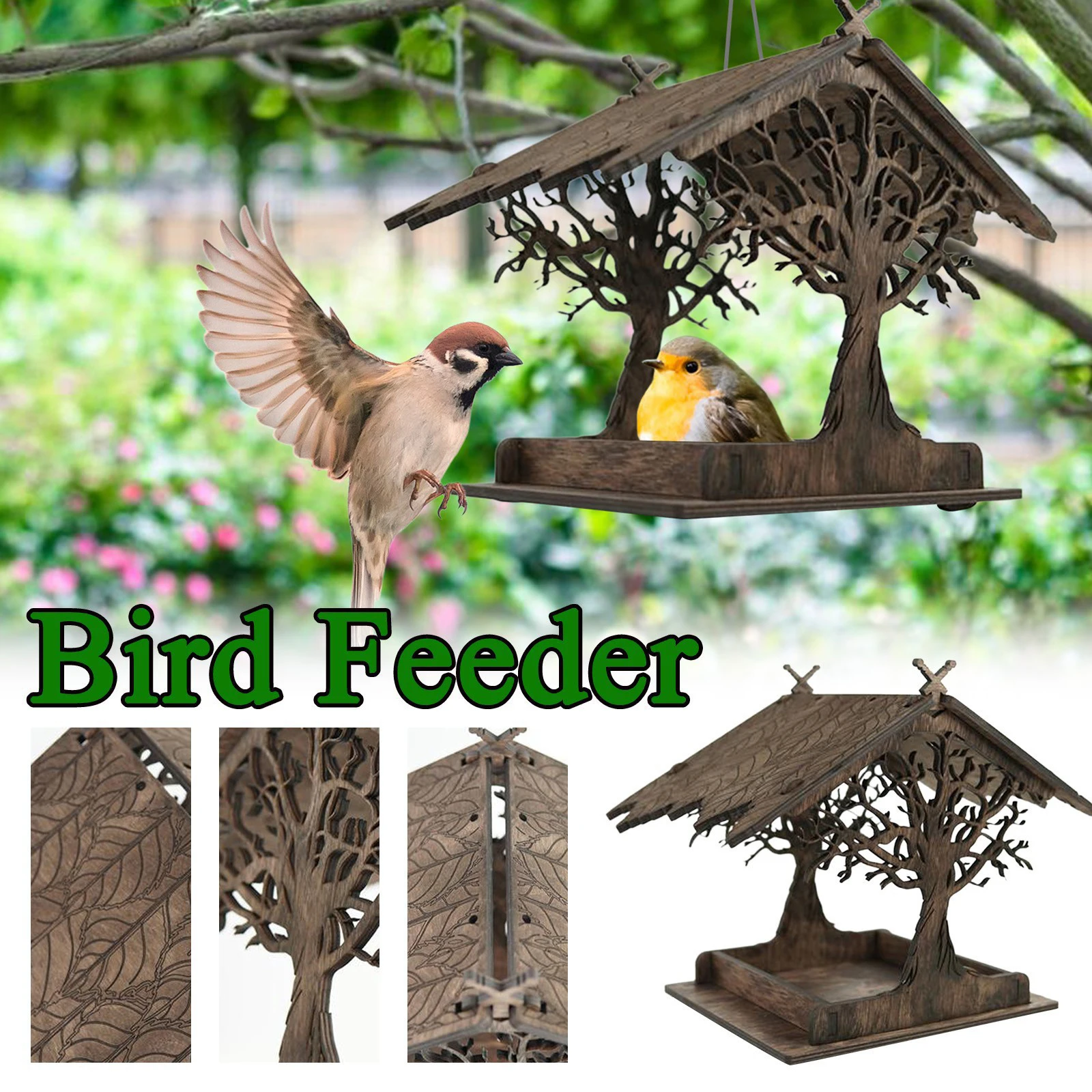 Wooden Birdhouse Bird Feeder Yard Hanging Ornament Feeding Tray Dispenser
