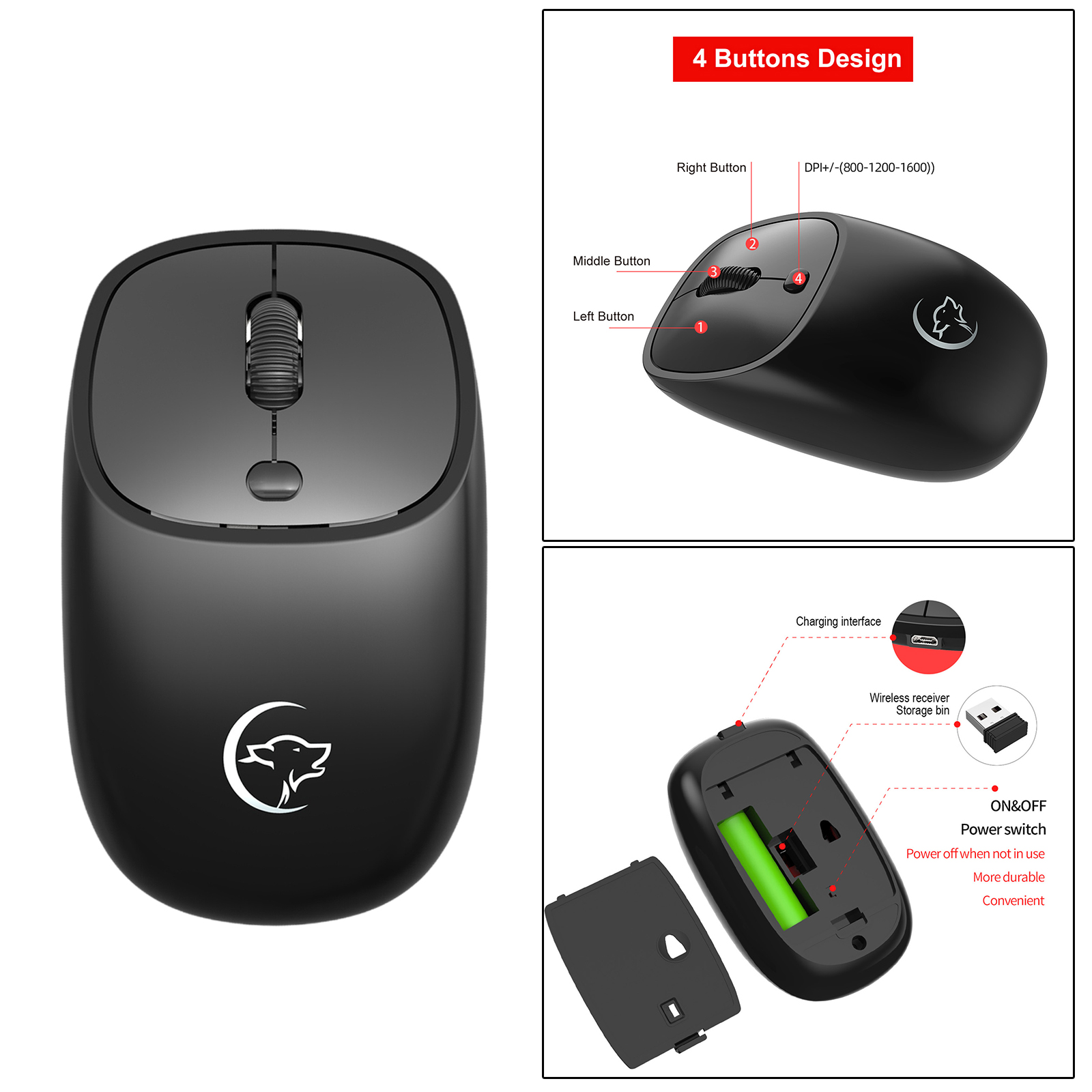 Portable 2.4G Wireless Optical Mouse 3 Button Computer Mice w/USB Receiver for Desktop Laptop