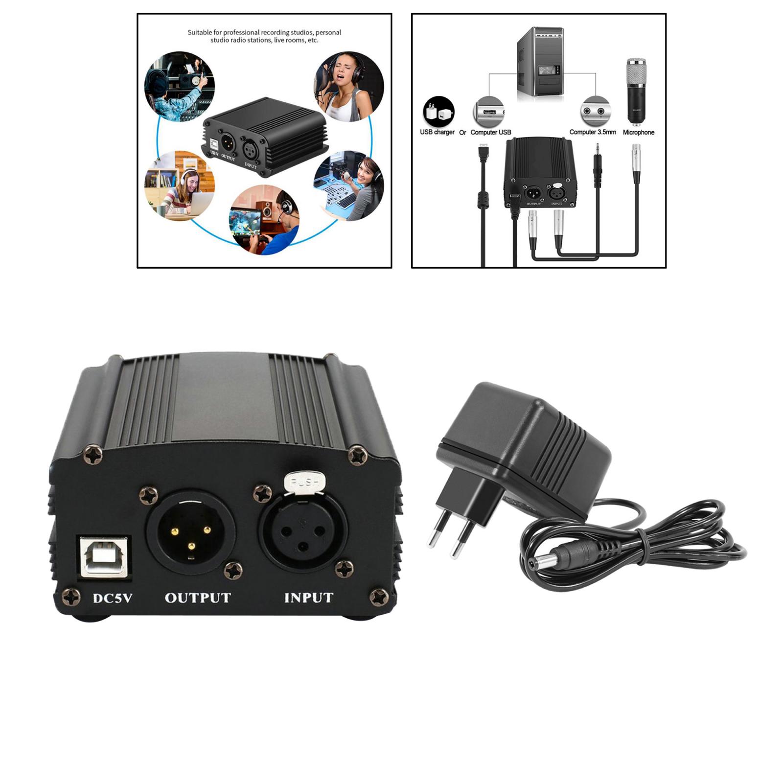 48V Phantom Power Supply with Charging Cable for Microphone Music Recording