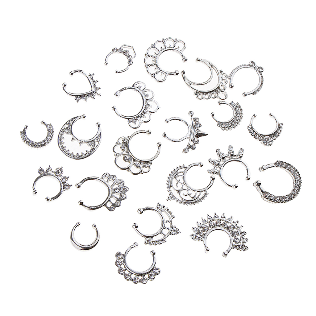21pcs Nose Fake Septum Ring Clip On Body Jewelry Faux Hoop Ring Rhinestone