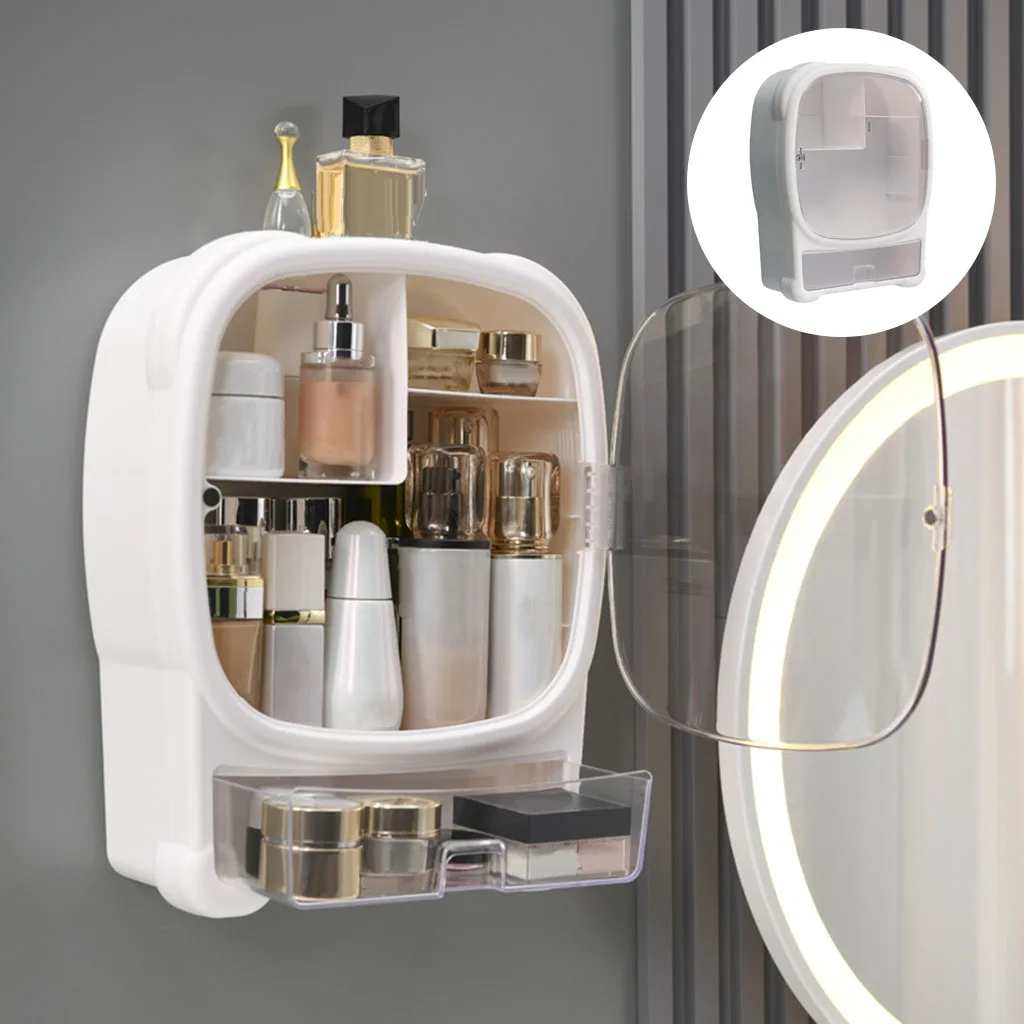 Makeup Organizer Wall-Mounted Dustproof Storage Cosmetic for Dresser Women Plastic Bathroom Storage Organizer Rack Case 