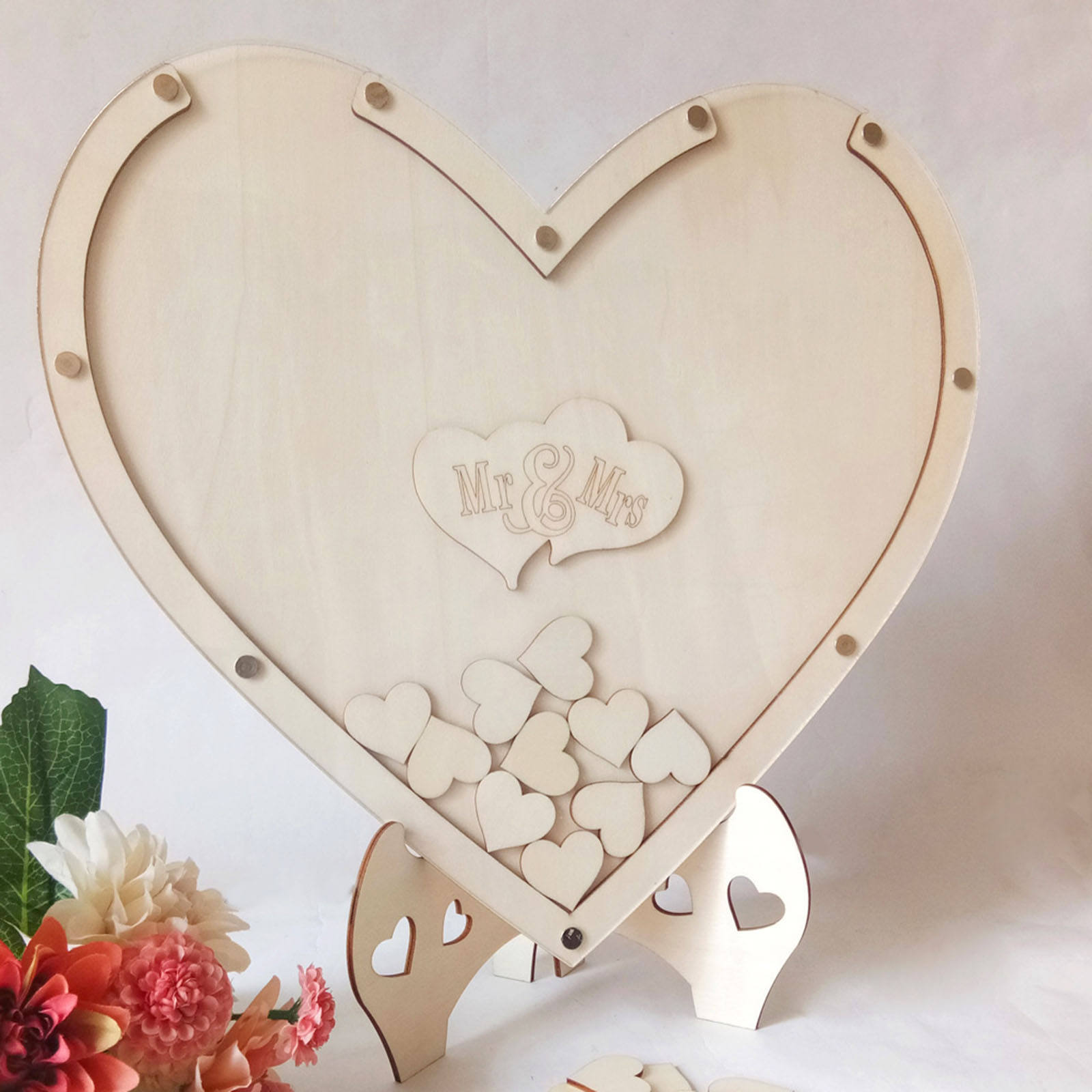 Wooden Wedding Guest Book Personalized Hearts Rustic Visitors Drop Box Frame