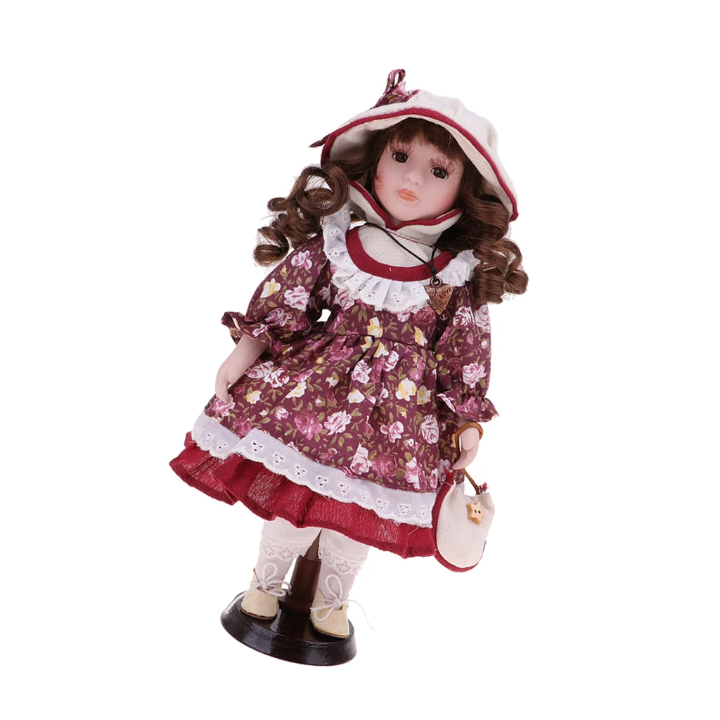 30cm Vintage Porcelain Doll with Wooden Stand, Valentin Gift for Girlfriend,