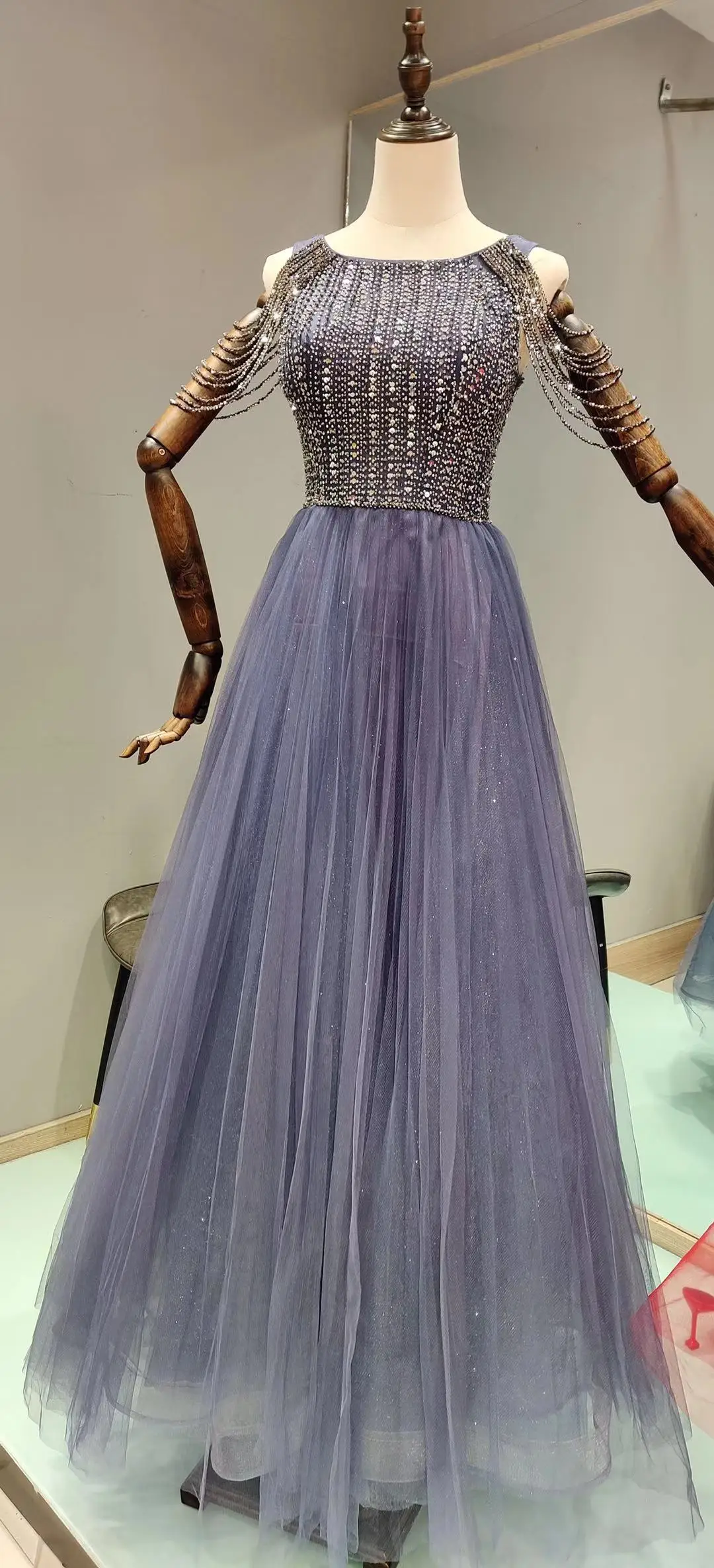 SSYFashion New Evening Dress for Women Real Picture Luxury Halter Tassel Sequins Beading A-line Long Prom Formal Gown Vestidos formal gowns for women