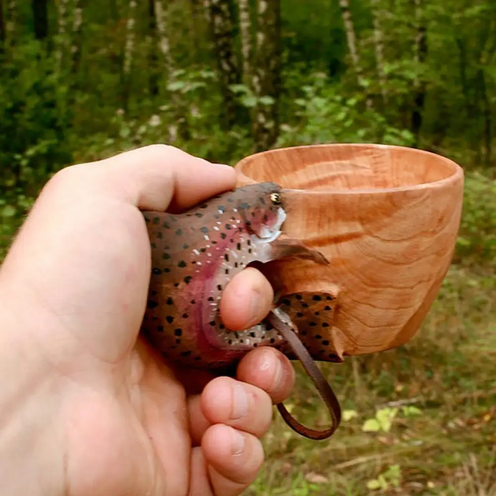 caneca de água delicada mão esculpida copo de madeira raposa crafted estilo nórdico acampamento de madeira caneca animais cabeça imagem copo de leite para casa