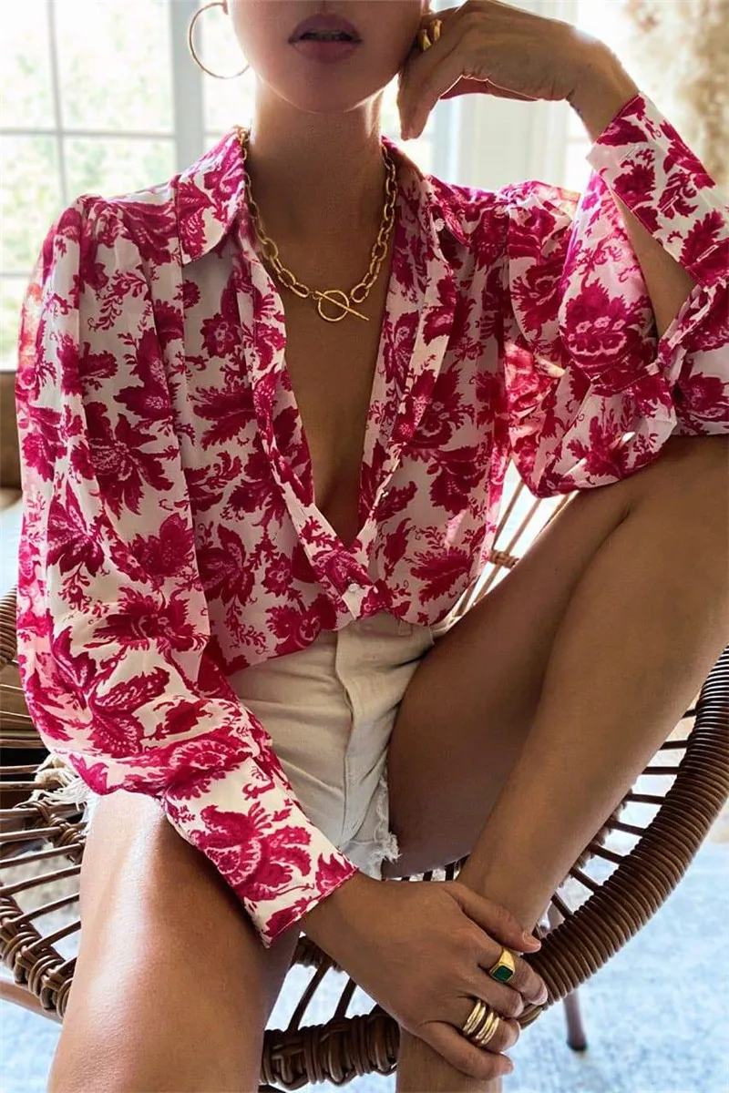 Womens Tops Casual Shirt Lantern Sleeve Floral/Leopard Print Lapel Buttons Tops Office Lady Vintage Elegant Blouse