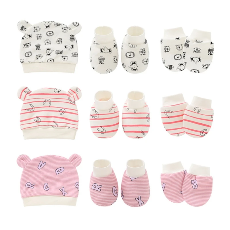 Baby Newborn Mittens Socks Beanies Cap Kit Infants Anti Scratching Cotton Gloves+Ears Hat+Foot Cover Set G99C ergo baby accessories