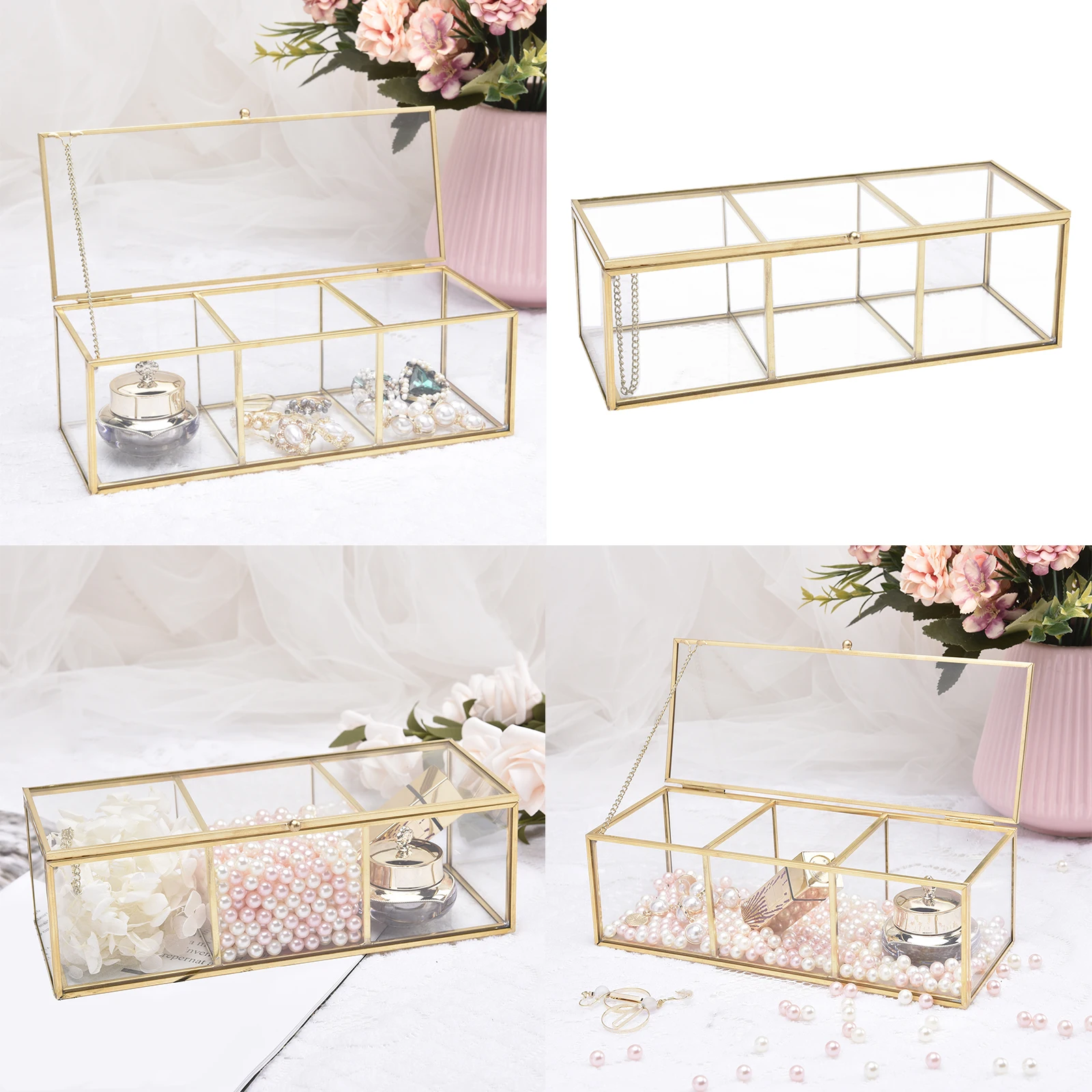 Clear Glass Makeup Organizer Tray, 3 Spaces Cosmetic Display Case Storage Box for Lipstick,Makeup Brushes and Skin Care Bottles