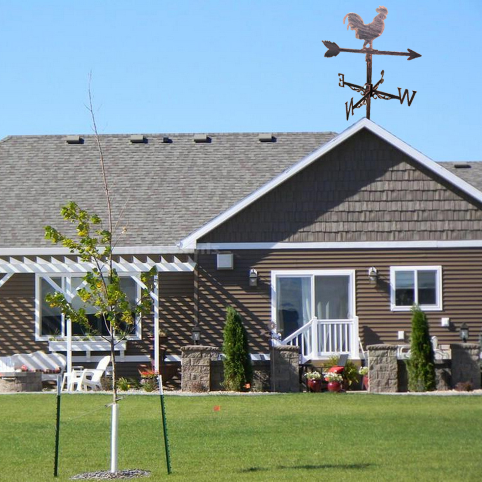 Farmhouse Rooster Weather Vane Roof Mount Rod, Wind Direction Indicator Outdoor Metal Bracket Weather Vane