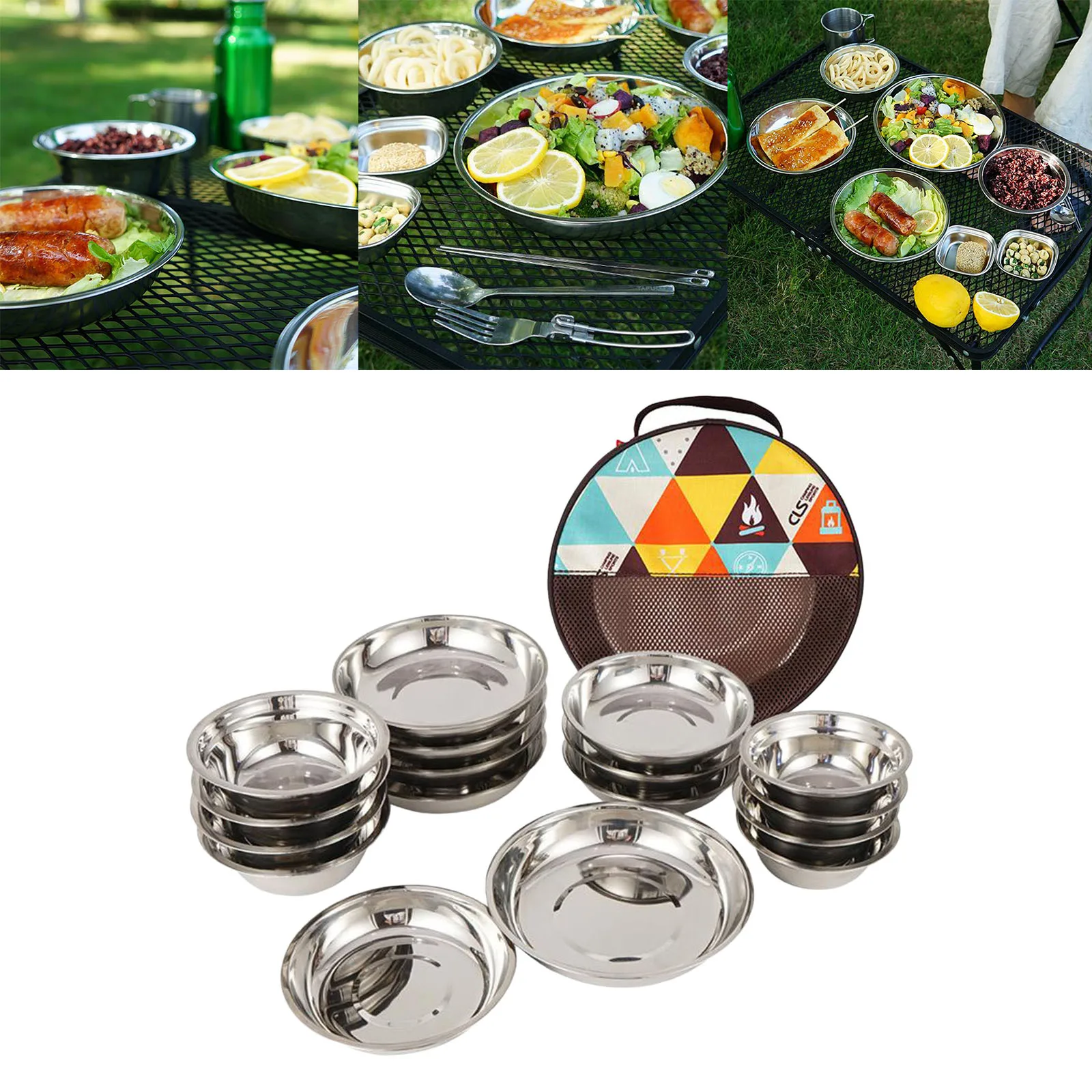 1 Set of 17Pcs Camping Mess Kit Outdoor Tableware Stainless Steel Plate Bowl with Storage Bag for Hiking Travel Picnic