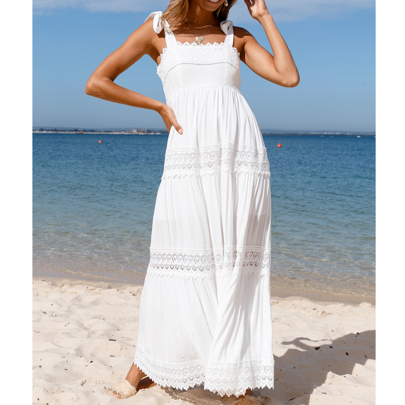 Boho Zomer Witte Strand Jurk Vrouwen Bandjes Lace Up Maxi Zonnejurk Holiday  Lady Lace Trim Hoge Taille Lange Jurk A lijn lady|Jurken| - AliExpress