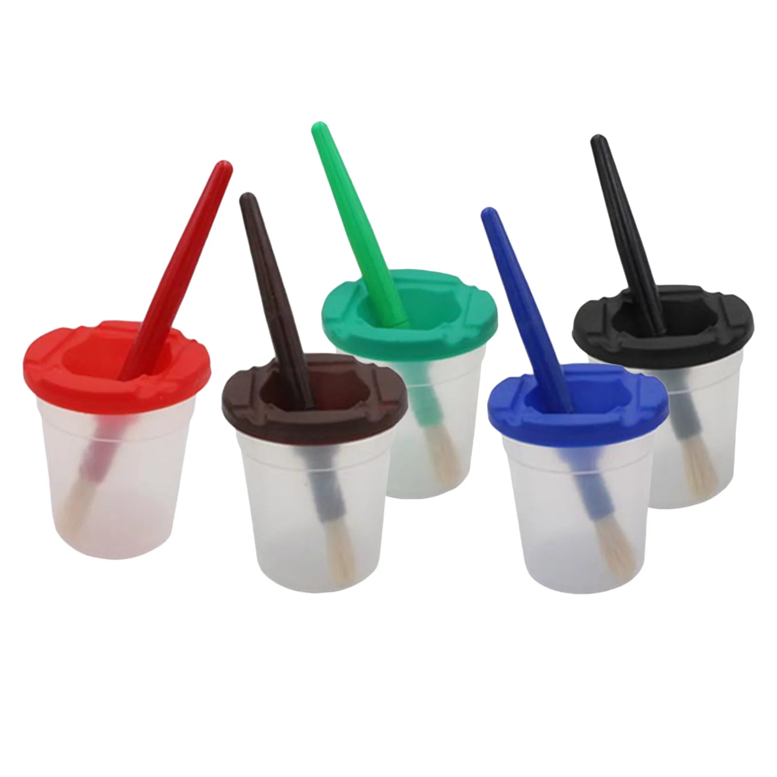 5pcs Spill Proof Paint Cups and 5pcs with Lids Round Paint Brushes for Kids Children`s Paintbrushes