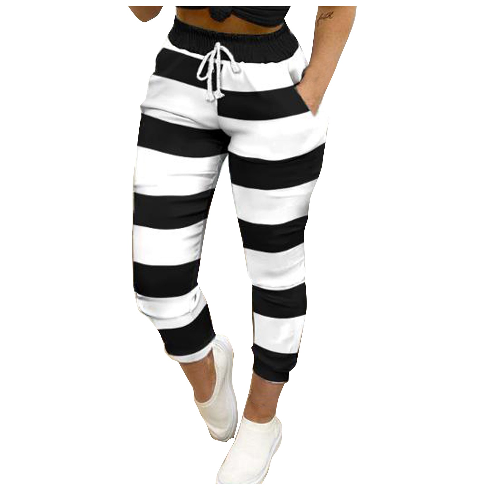 Vintage Striped Pants Women Elastic 