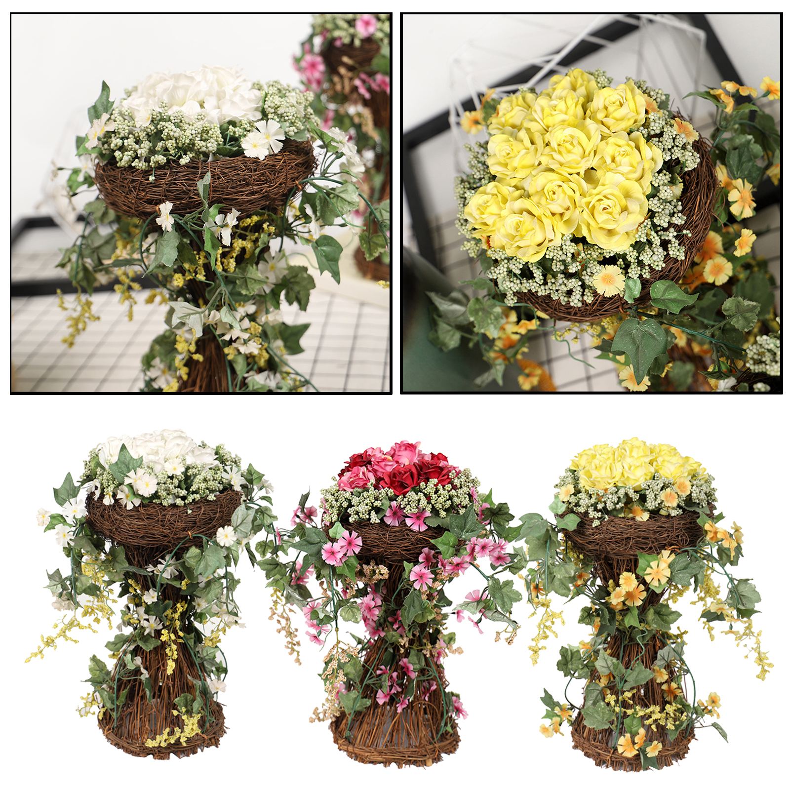Flower Centerpieces with Rattan Basket Fake Bridal Bouquet Wedding Party Festival Kitchen Living Room Decor