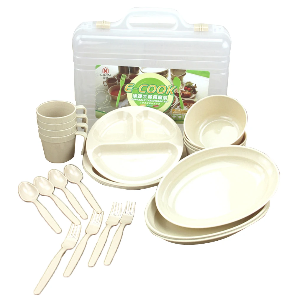 24pcs (4 Mugs 4 Soup Bowls 4 Spoons 4 Forks 8 Plates) Food Grade Plastic Reusable Picnic Camping Tableware Set with Carry Case