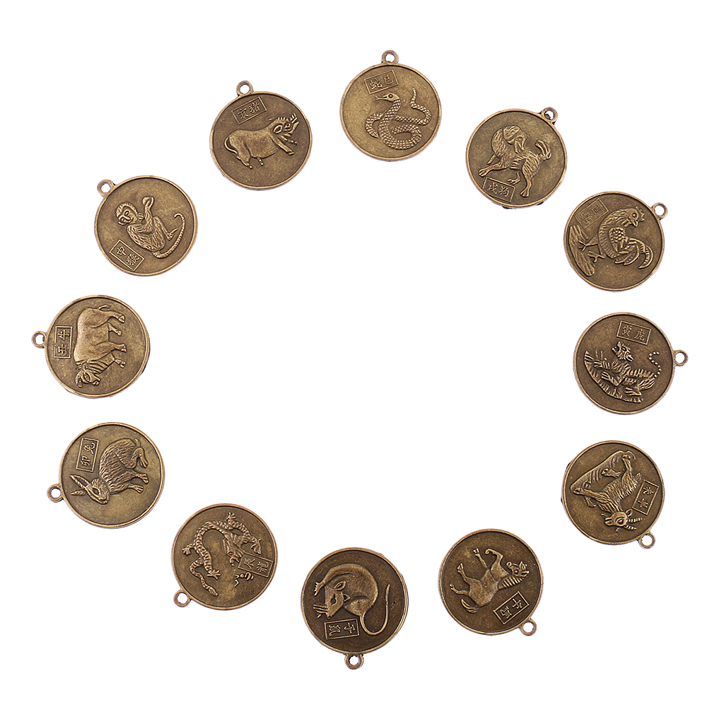 12pcs Bronze Chinese Zodiac Horoscope Animals Charms Necklace Amulet Pendant
