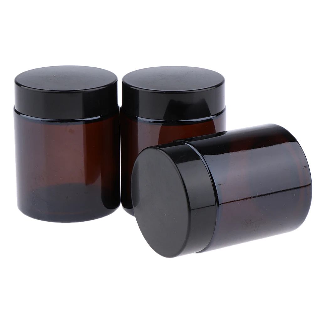 3Pcs 100ml Dark Brown Refillable Glass Cosmetic Containers Jars for Face Cream,