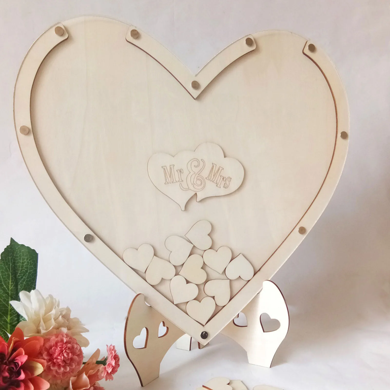 Double Hearts Frame Large Rustic Visitors Book with 75pcs Wooden Hearts Wedding Guest Book Wooden Frame Wood Frame Drop Box Guestbooks with Stand Wedding Planner 