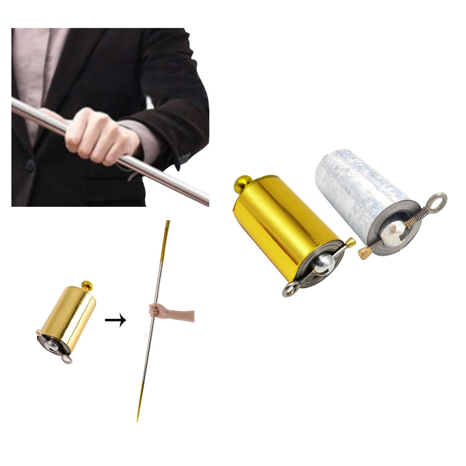 2Sets 110cm Golden Metal Appearing Cane with Teaching Cards, Pocket Staff magician Stage magician Trick for Amateur Beginners  