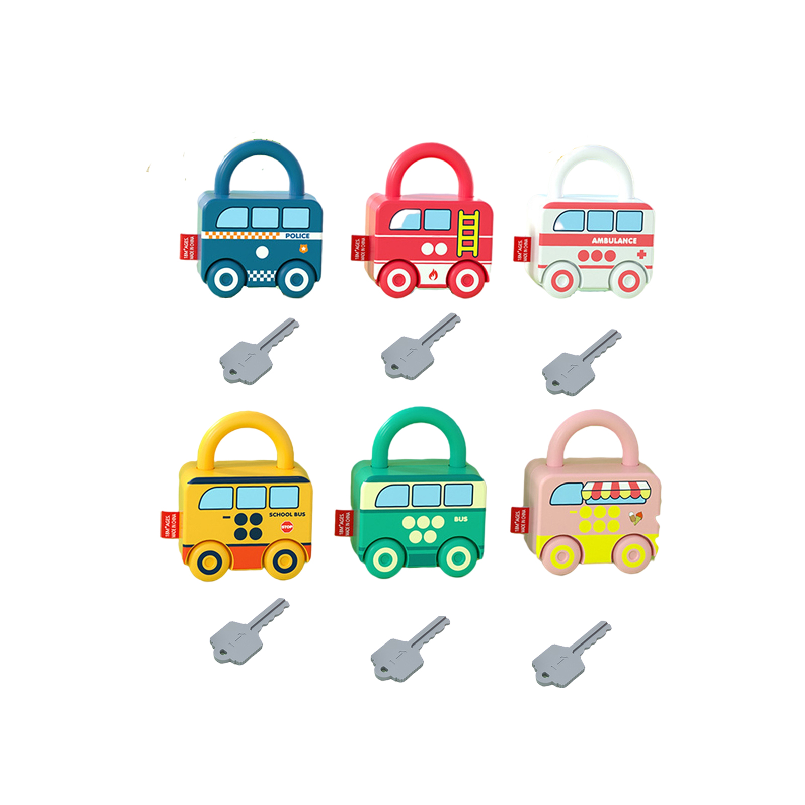 Cartoon Bus Unlocking Paired Toys, Digital Car Locks Keys Matching Educational Set Intelligence Kits for Preschool Children