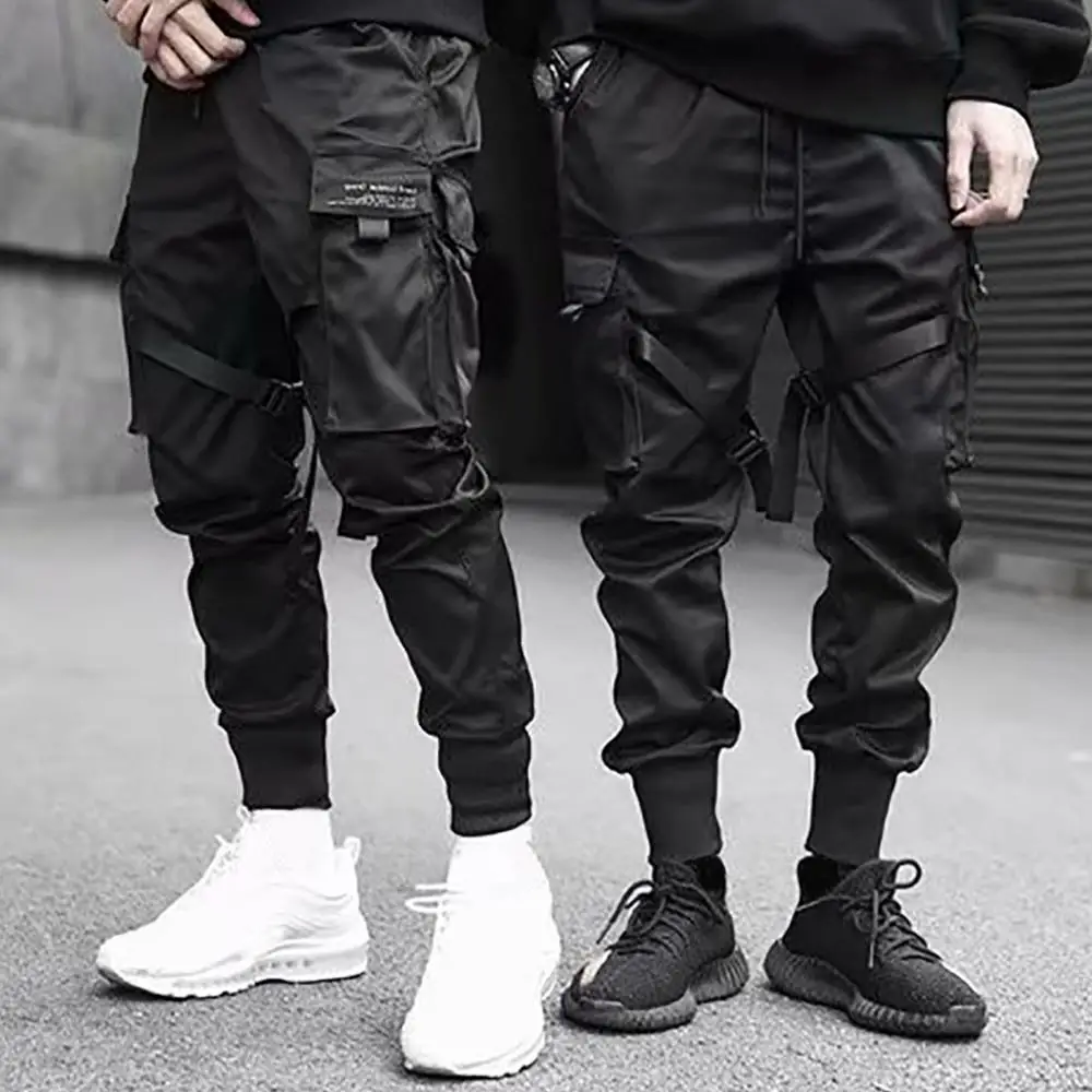 Men Pants Fashion Drawstring Multi Pockets Straps Ankle Tied Cargo Pants Long Trousers Slim Casual Hip Hop Streetwear Black Pant men's casual pants not jeans