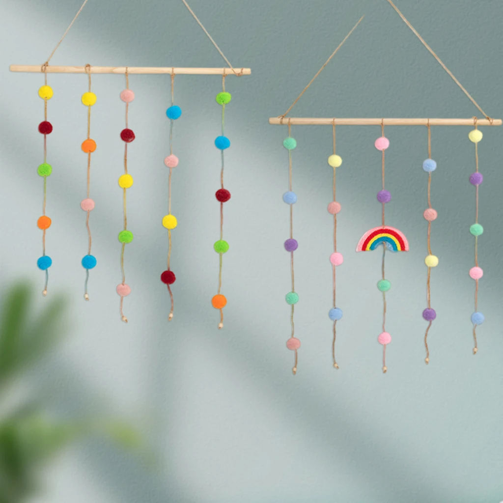 Colorful Rainbow Macrame Wall Hanging Decoration Cotton Tassel Kids Room Decor Boho Nursey Dorm Woven Pom Pom Ball Ornament