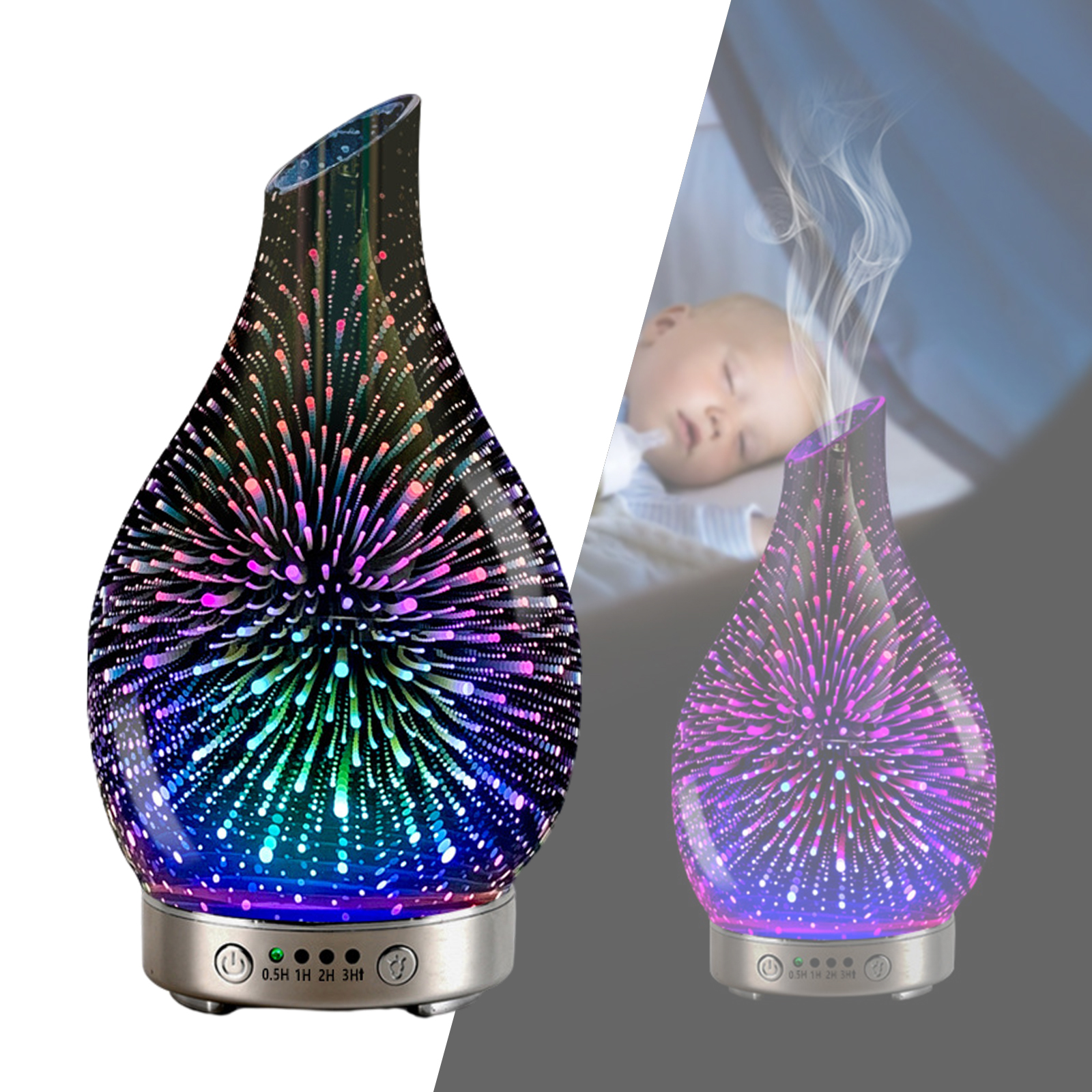 3D Glass Essential Oil Diffuser Aromatherapy Ultrasonic Humidifier Night Light Timer Setting Yoga SPA