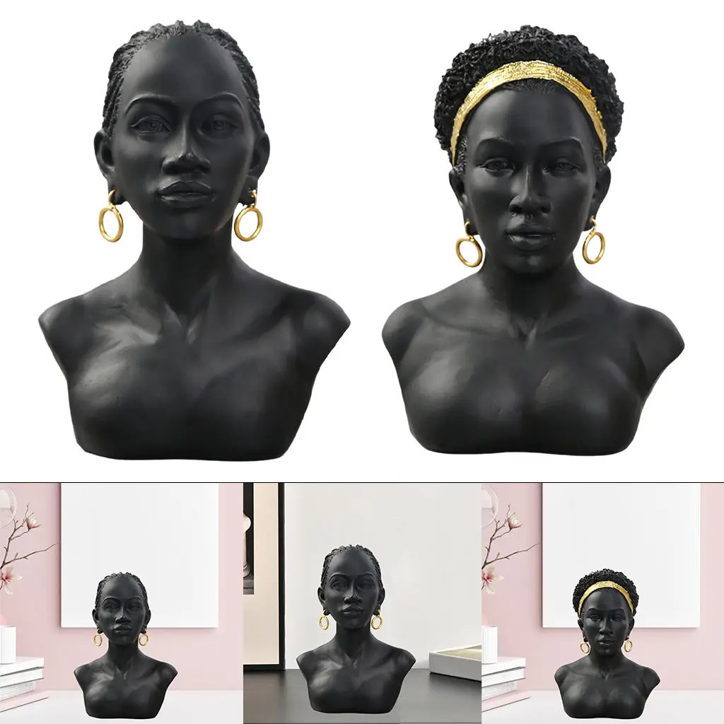 2pcs African Woman Bust Art Sculpture Statue Home Decor Black Afro Hair