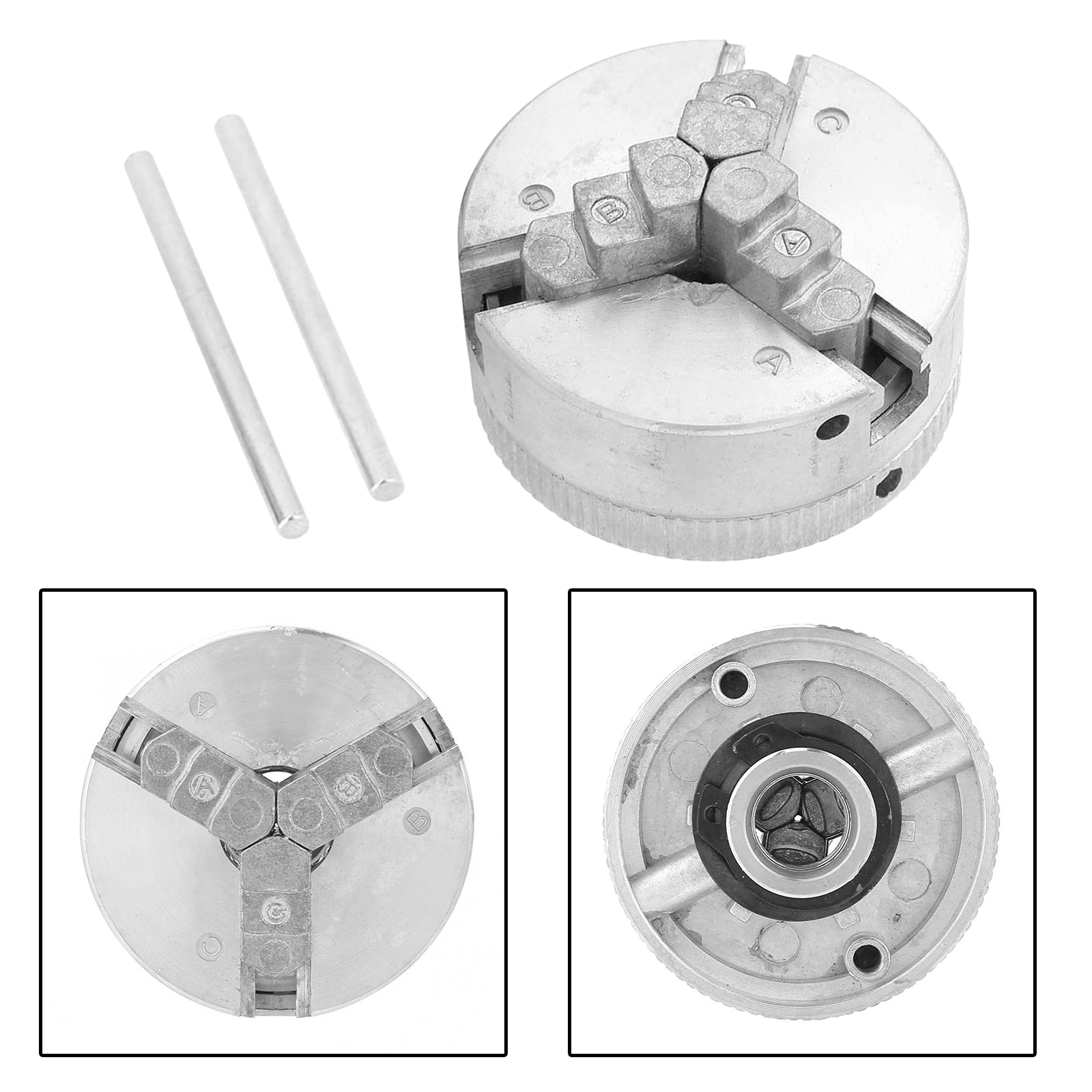 Three-Jaw Chuck with 2 Adjustment Lever, Self Centering Lathe Chuck for Woodworking Lathe, Clamping Diameter 1.8~56 mm/12~65 mm