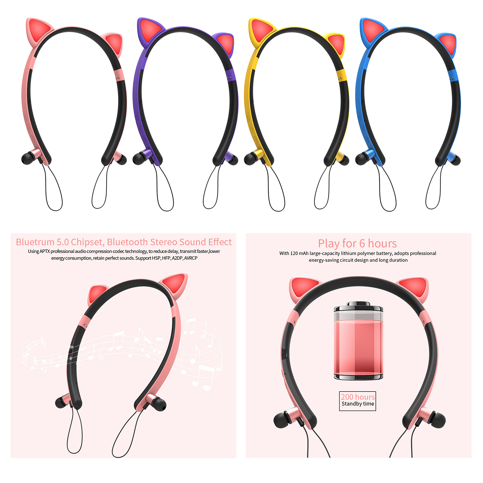 Cat Ear Bluetooth Headset Stereo Headphones EarBuds Earpiece Speaker New