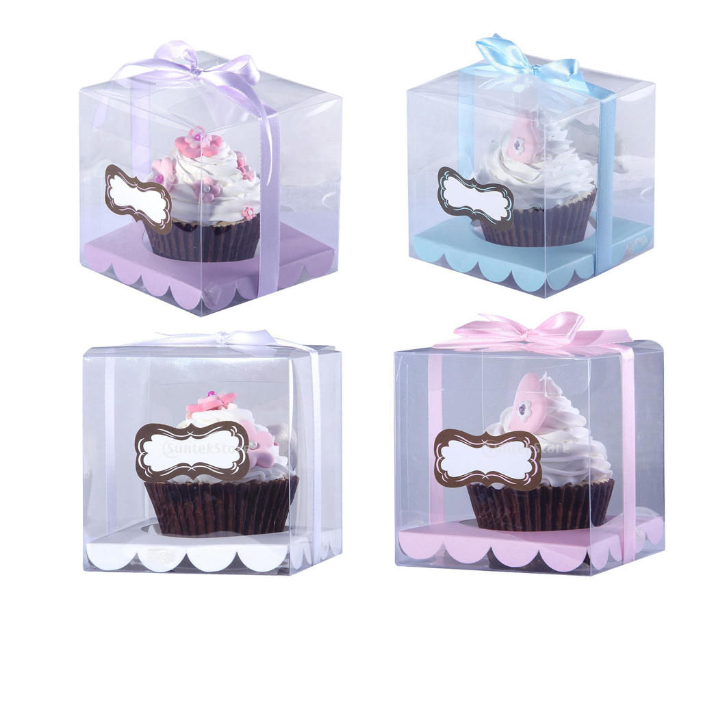 MagiDeal 12x Clear Plastic Cube Cupcake Boxes Mini Cake Container with ribbon