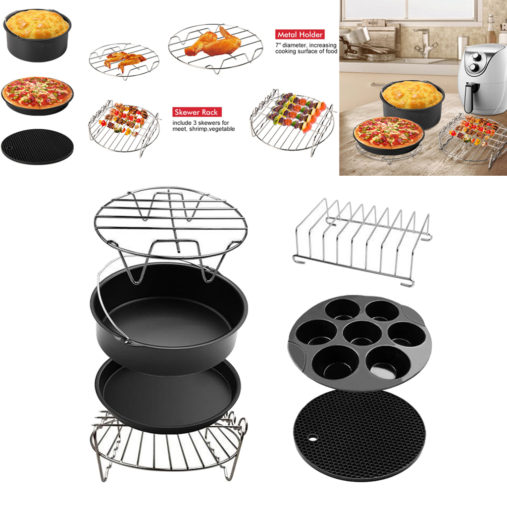 7pcs Air Fryer Accessory Kit Silicone Mat 8inch Pizza Pan Metal Holder
