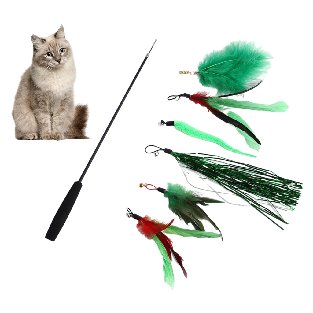 Interactive Cat Teaser Wand Kitten Stick with 6 Piece Play Attachments Toy