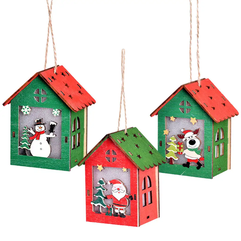 Lighted Wooden Cabin Xmas Tree Pendant Kids Gifts Christmas Decor Christmas Crafts Multicolor for Holiday Indoor Festival Home