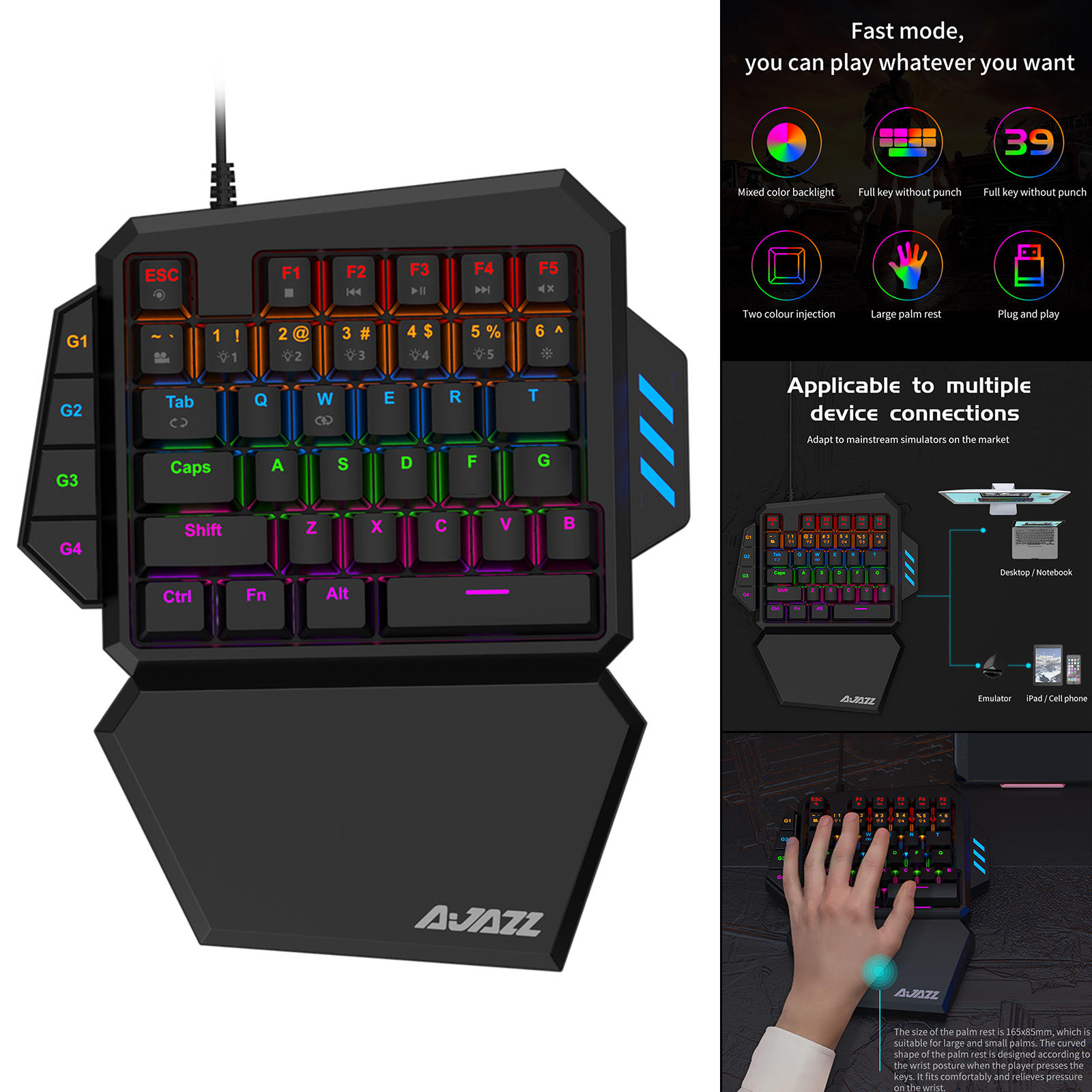 One-Handed Merchanical Keyboard 39 Key Keypad for Professional Gamers with Detachable Wrist Rest Cherrymx Blue Switch Accessory