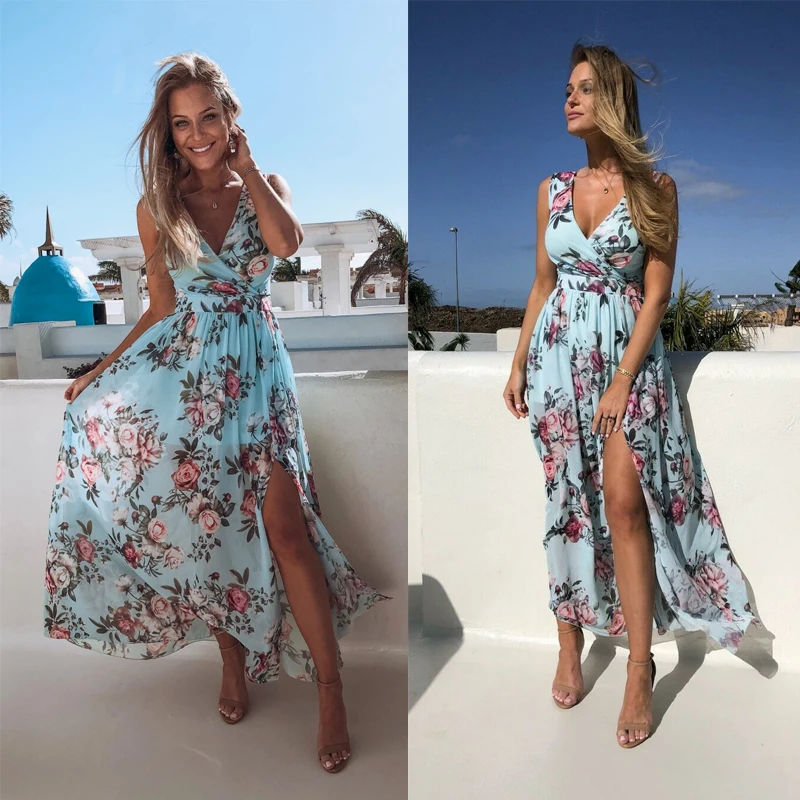 Women Boho Dress Blue Floral Printed Long Maxi Dress Deep V-neck Summer Beach Evening Party Sundress Sleeveless Dresses Vestidos
