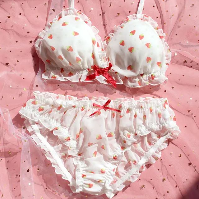 Kawaii Strawberry Plaid Bra And Panty Set Back Soft And Sexy Lolita  Lingerie For Girls Pink, Wirefree From Kong00, $30.2