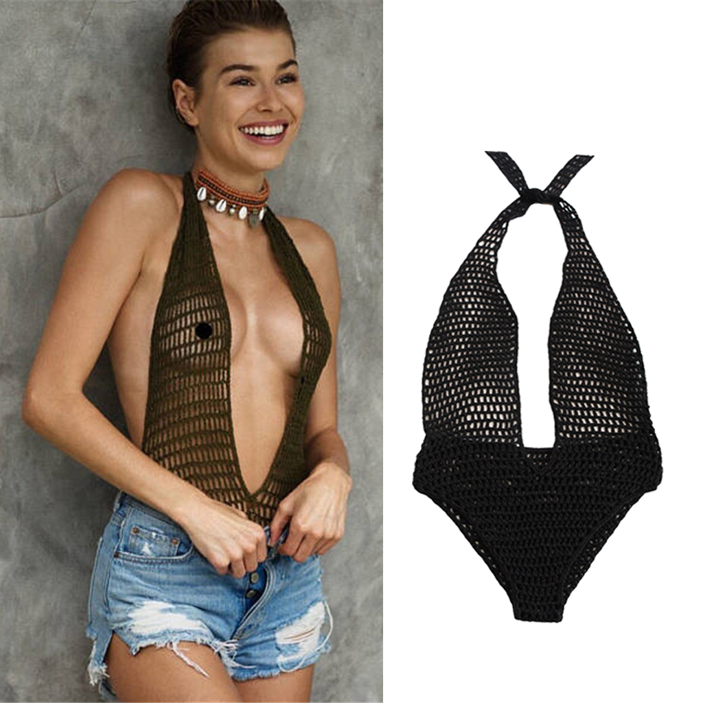 Women Black Crochet Knit Beach Bikini Monokini Halter Deep V-neck Swimwear