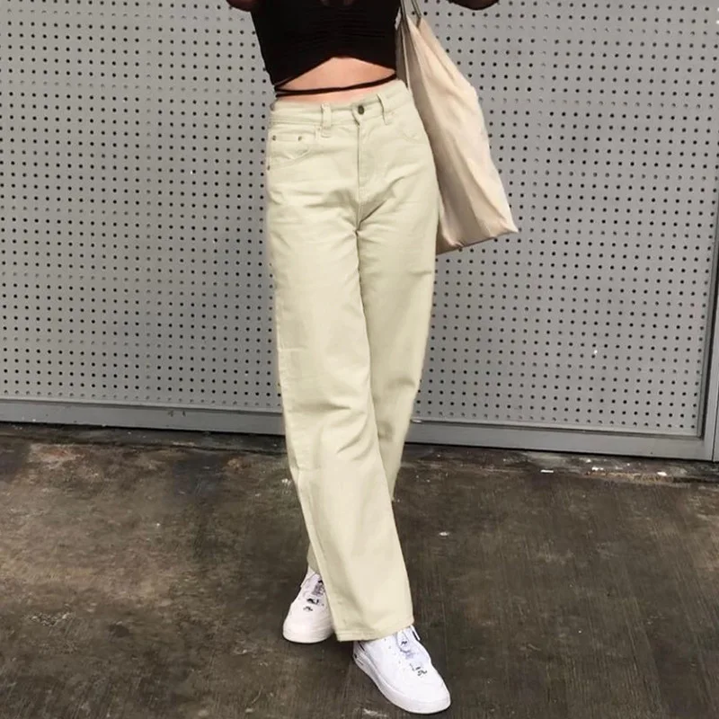 Women Spring Autumn Fashion Casual Jeans High Waist Trousers Straight Pants Shopping Dating Wear Brown Khaki Beige Regular Size buckle jeans