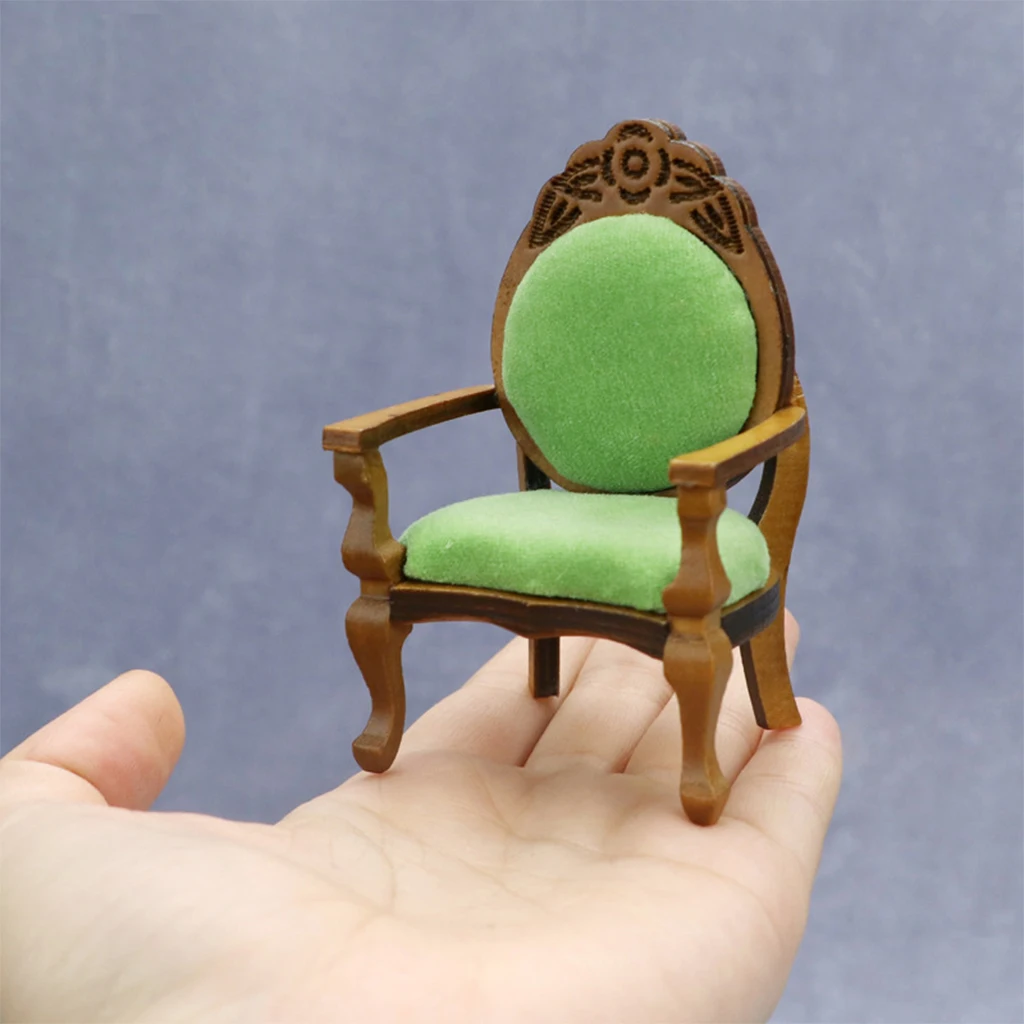 1/12 Dollhouse Vinatge Flocking Seat Wooden Chair Doll House Room Furniture Life Scene Pretend Play Set Decoration Accessory