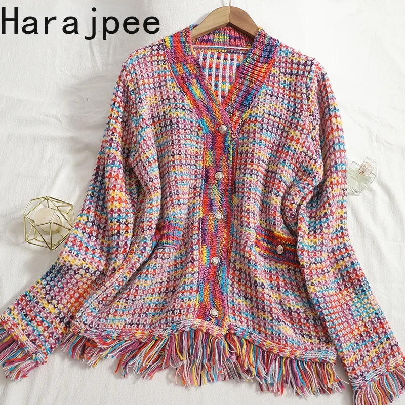 Knitted Rainbow Striped  Cardigan Women Autumn V-neck Sweater Single-breasted 