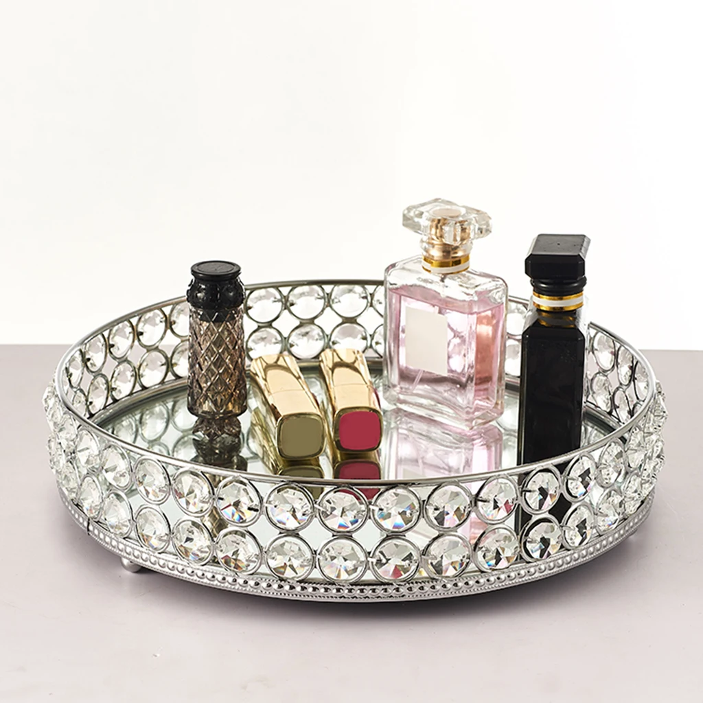 25x5.8cm Crystal Mirrored Tray Round Perfume Tray Cosmetic Vanity Tray Jewelry Organizer Decorative Plate for Wedding Home