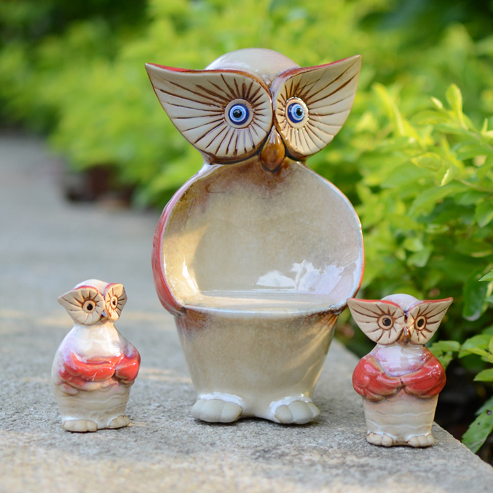 3/Set Cute Porcelain Owl Figurine Funny Miniature Shelf Garden Statue Decor