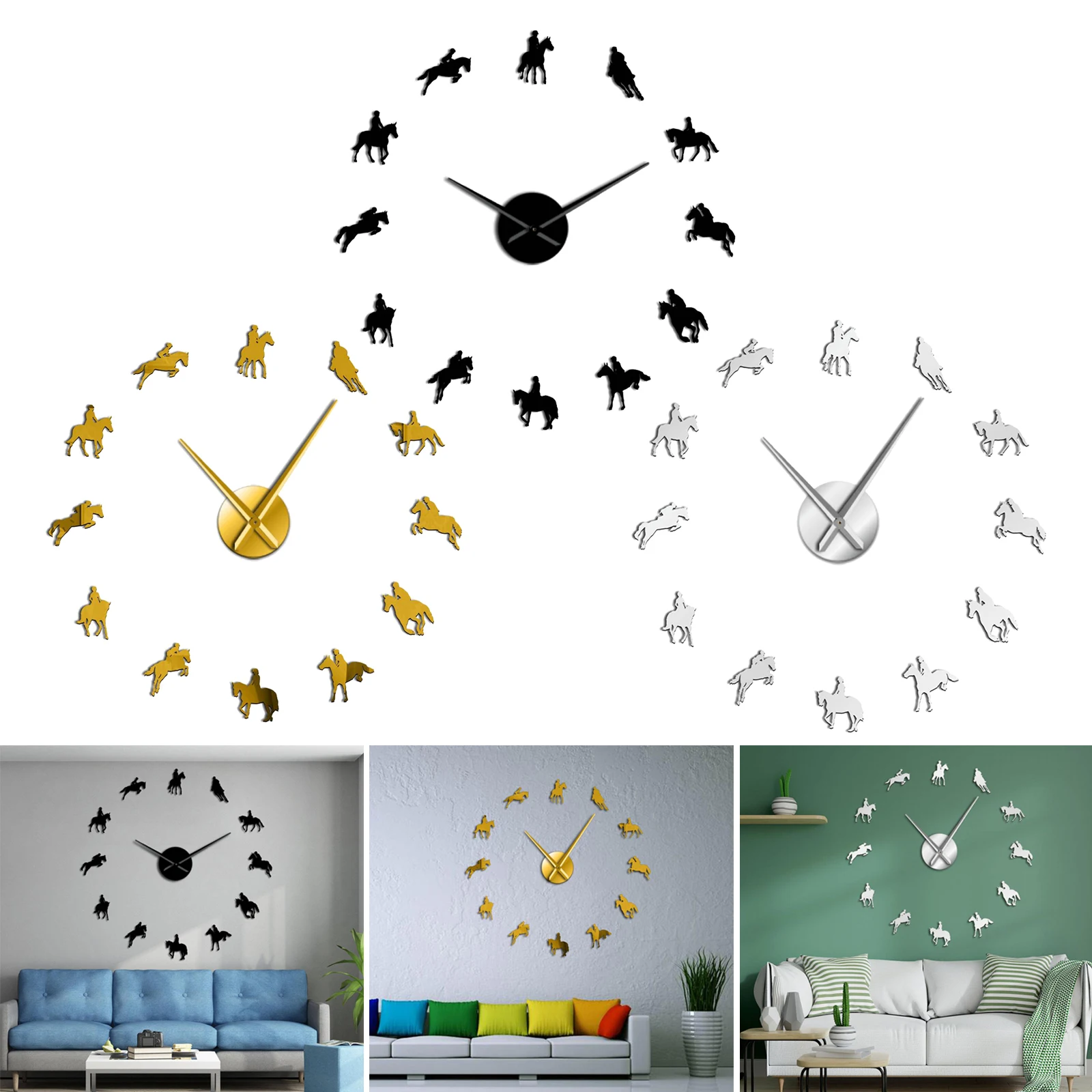 Wall Clock Stickers, DIY Frameless Modern 3D Mute Mirror Wall Clock for Home Office Decorations, Horse Pattern