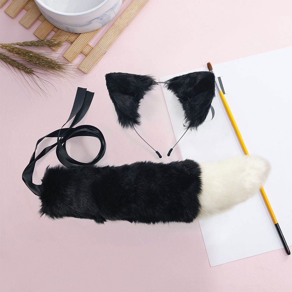 2Pcs Wolf Fox Tail Clip Ears and Choker Set Halloween Christmas Fancy Party Costume Toys Gift for Women