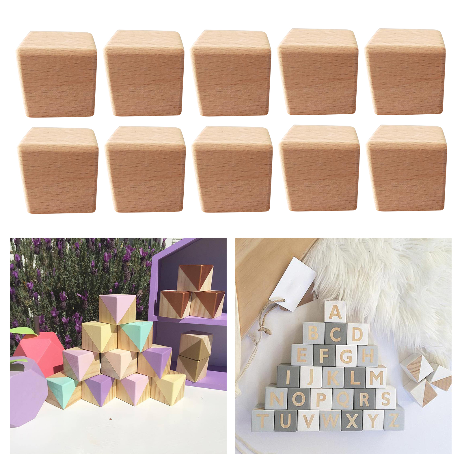 Natural Wooden Block Kids Toy Building Cubes Math Teaching Aid DIY Crafts