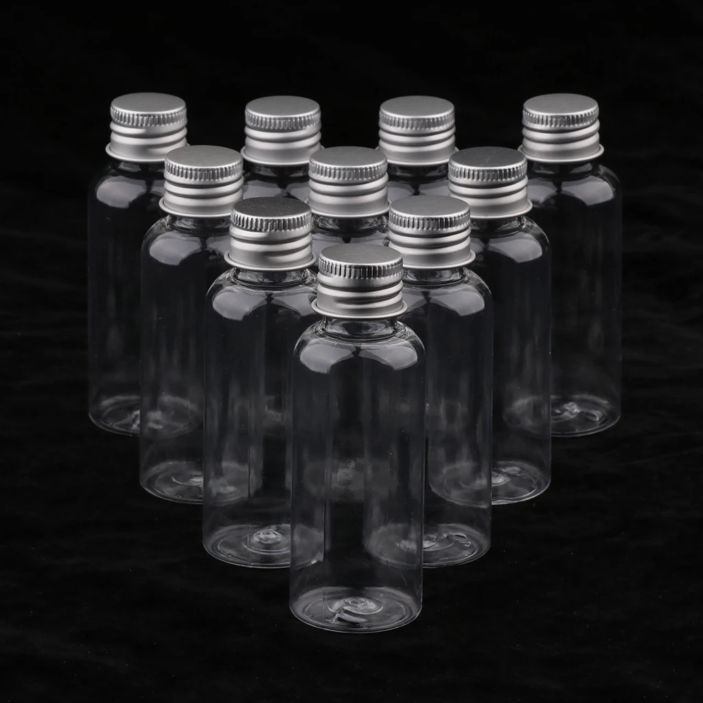 10 x 50ml Clear Plastic Bottle Liquid Sampling Vials Aluminum Cap Refillable